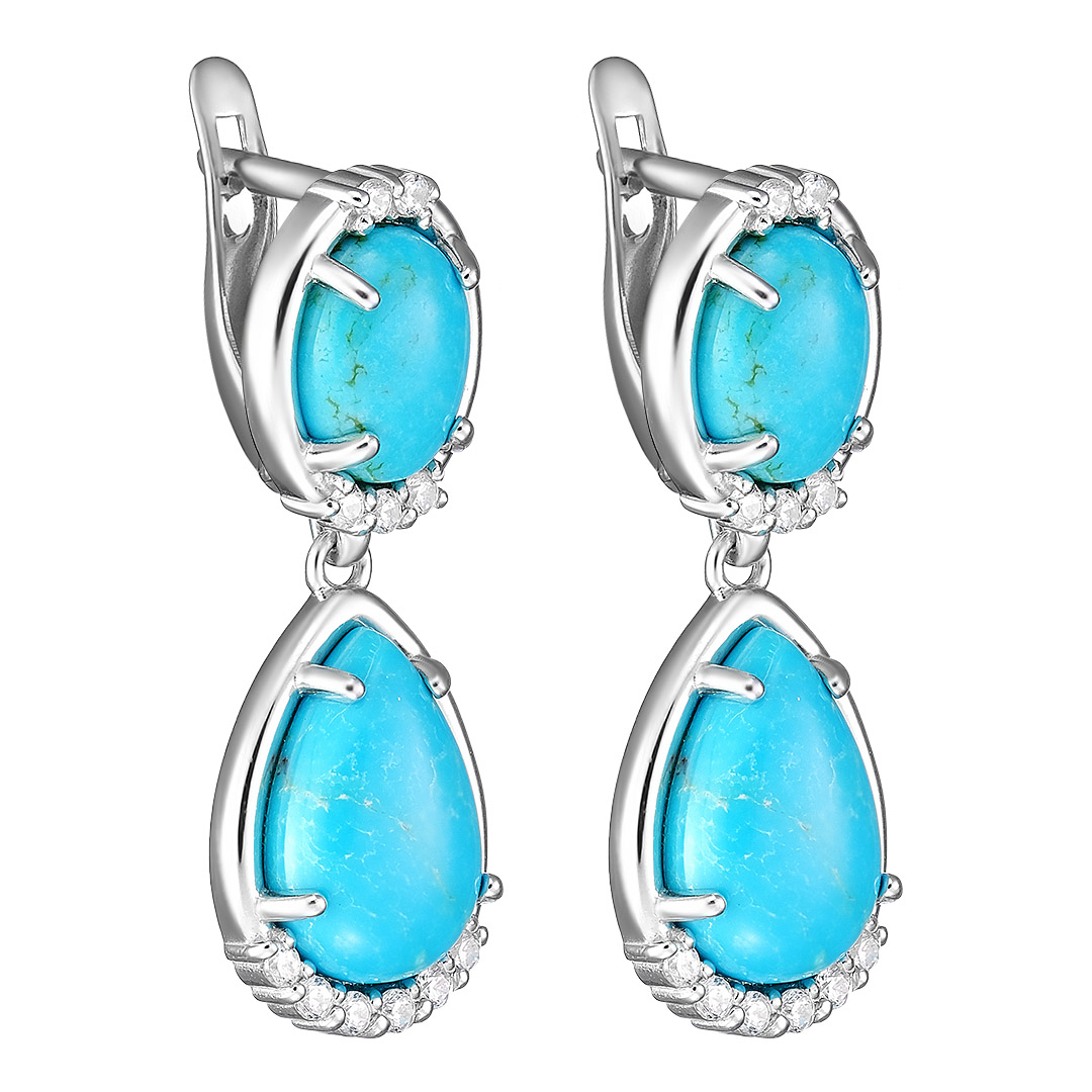 Серебряные серьги 925 пробы; вставки 4 Бирюза; 22 Фианит бесцв.;