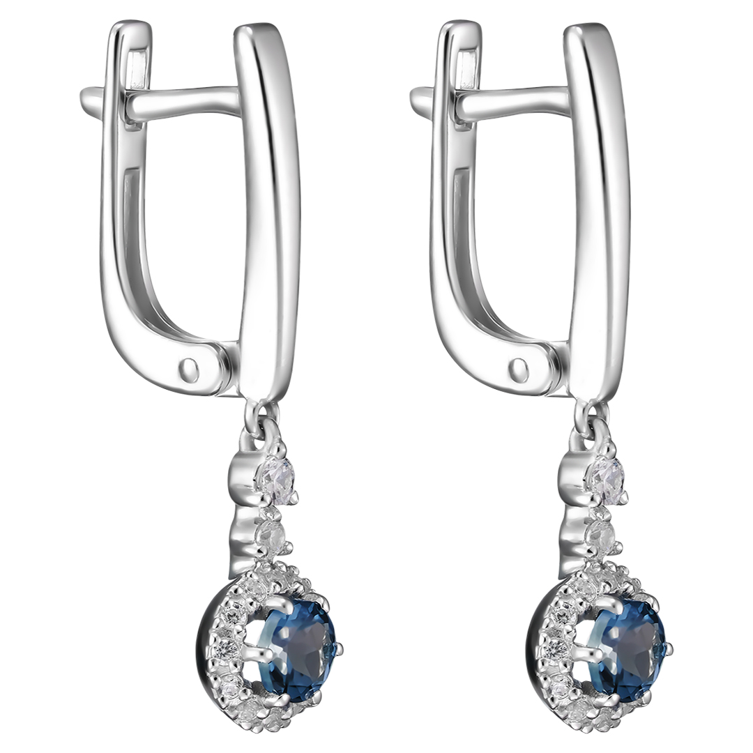 Серебряные серьги 925 пробы; вставки 2 Топаз Лондон; 32 Фианит бесцв.;