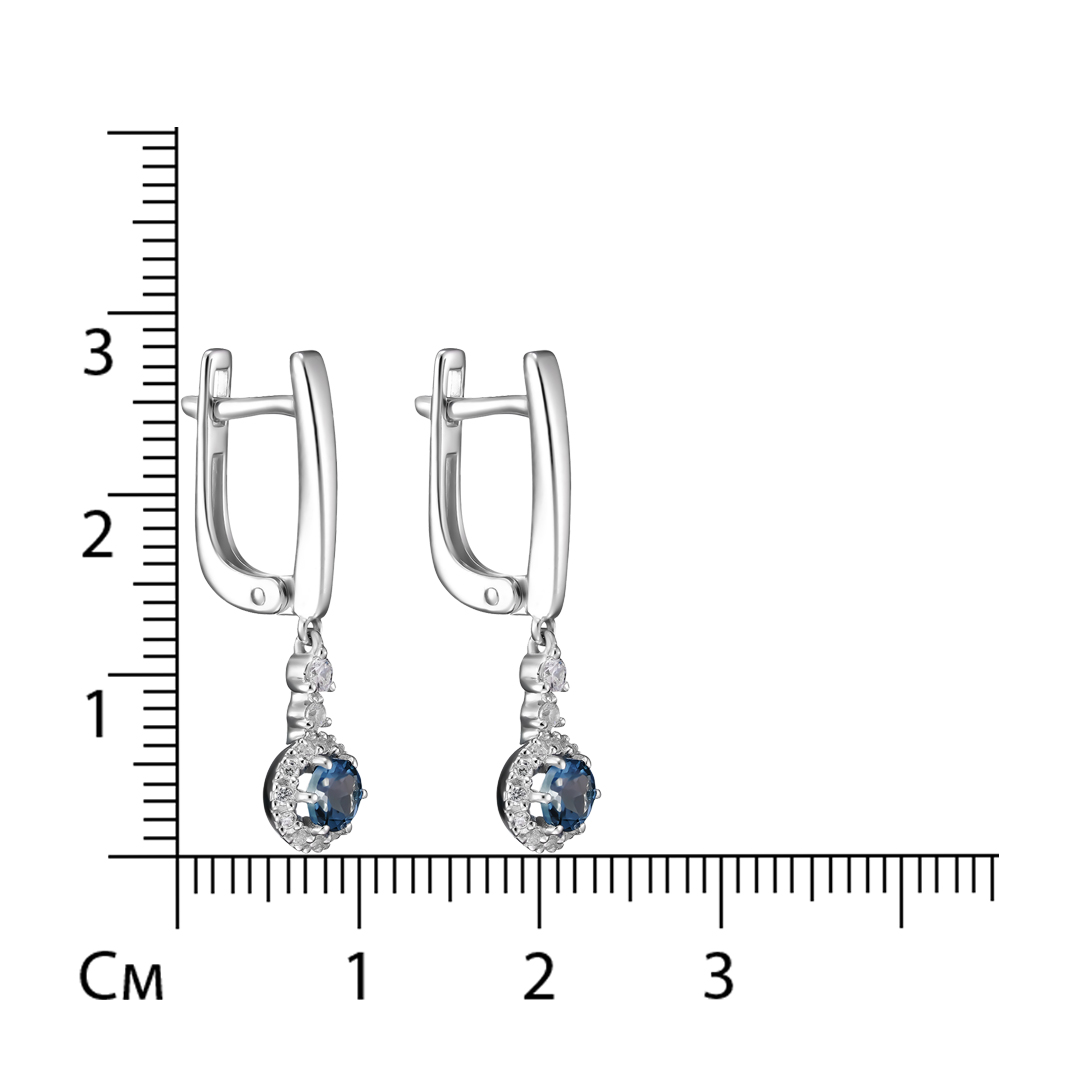 Серебряные серьги 925 пробы; вставки 2 Топаз Лондон; 32 Фианит бесцв.;