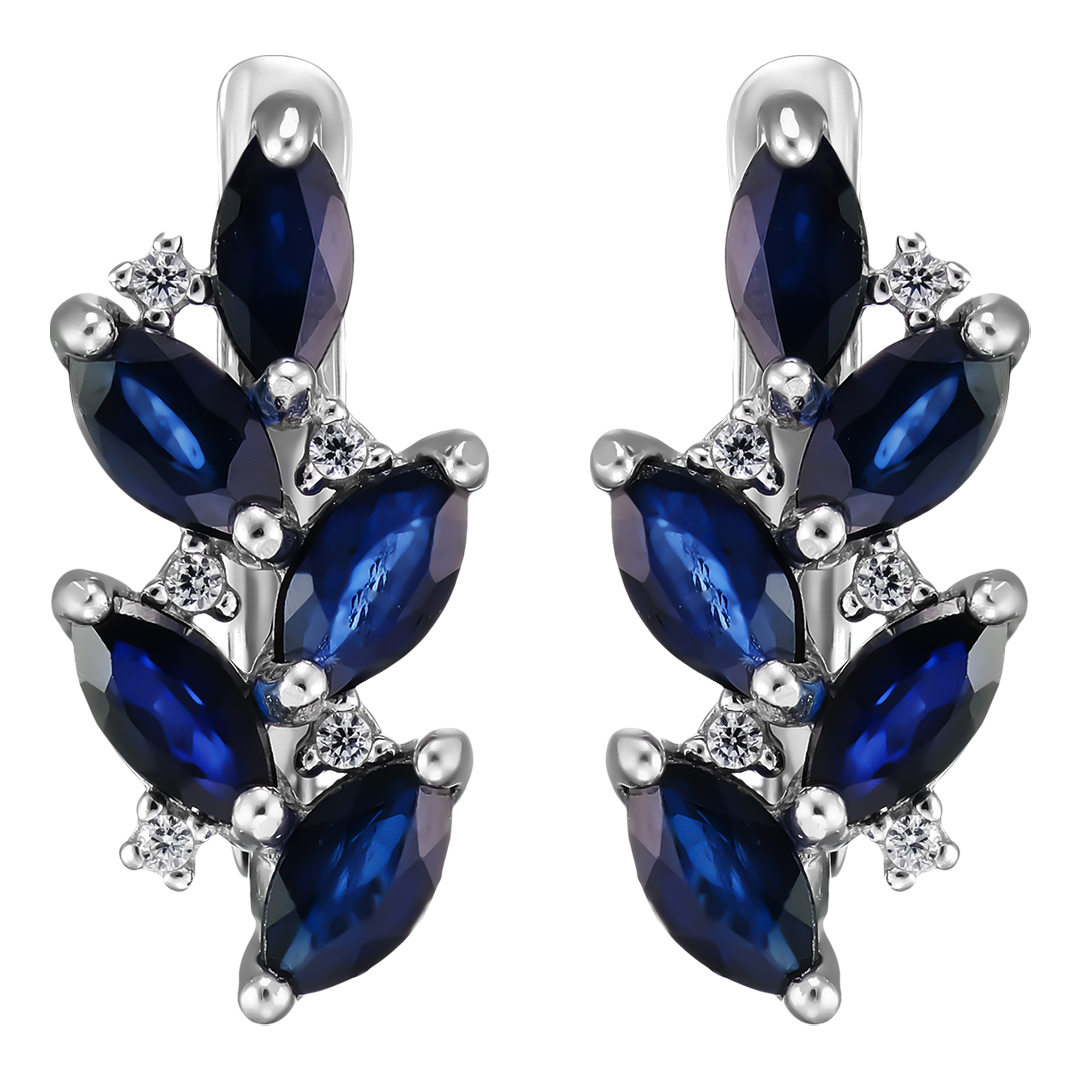 Серебряные серьги 925 пробы; вставки 10 Сапфир U/2 2,12; 10 Фианит бесцв.;