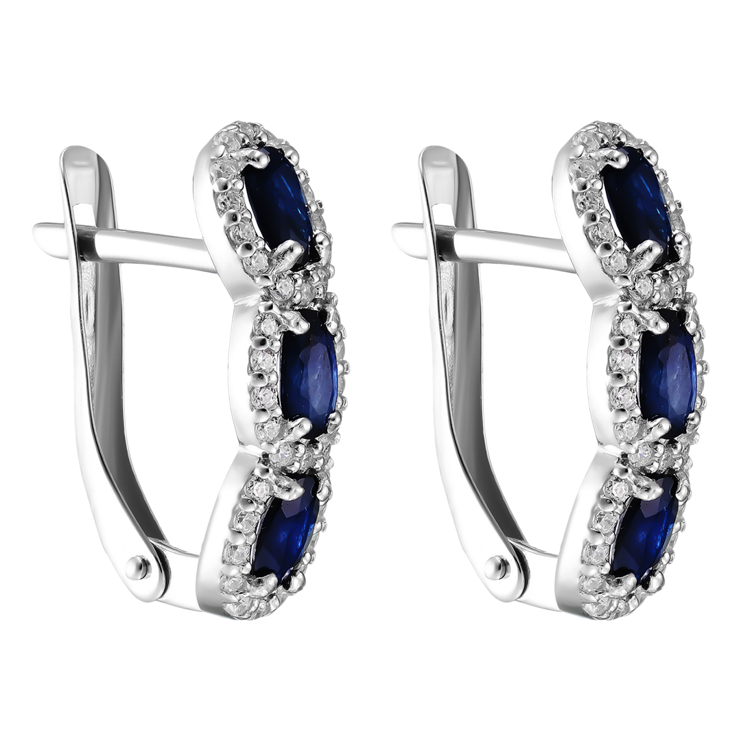 Серебряные серьги 925 пробы; вставки 6 Сапфир 1,51 U/2; 72 Фианит бесцв.;