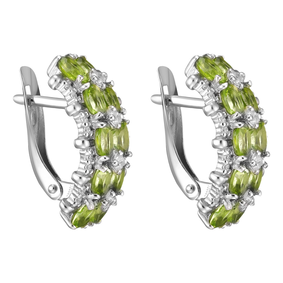 Серебряные серьги 925 пробы; вставки 20 Хризолит; 40 Фианит бесцв.;