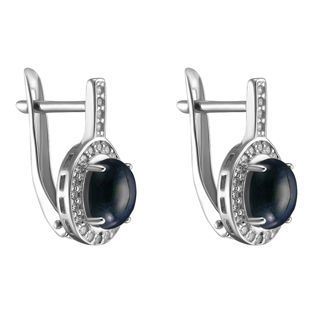 Серебряные серьги 925 пробы; вставки 48 Фианит бесцв.; 2 Сапфир 2,22 U/2
