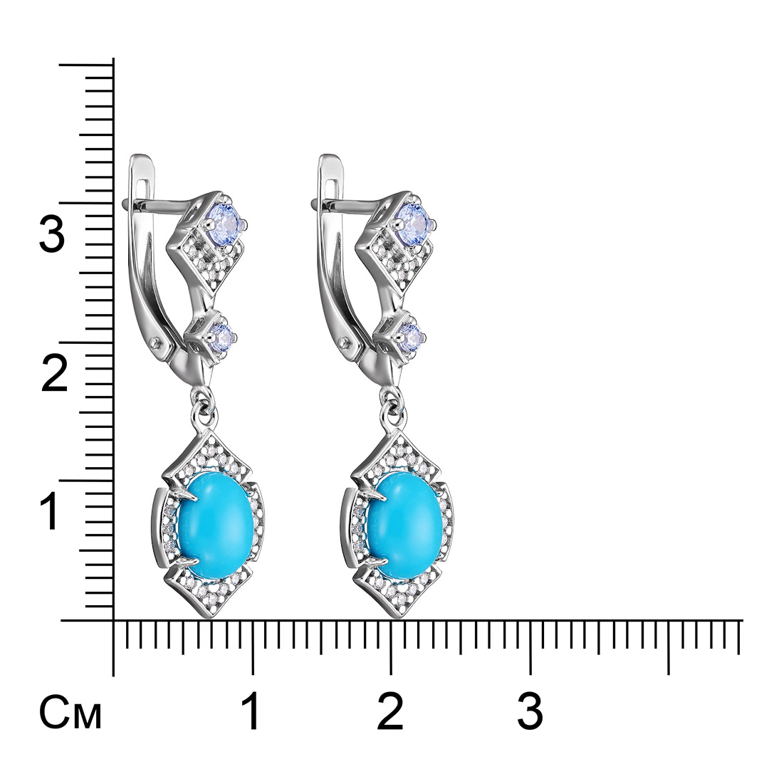 Серебряные серьги 925 пробы; вставки 2 Бирюза; 4 Фианит голубой; 42 Фианит бесцв.;