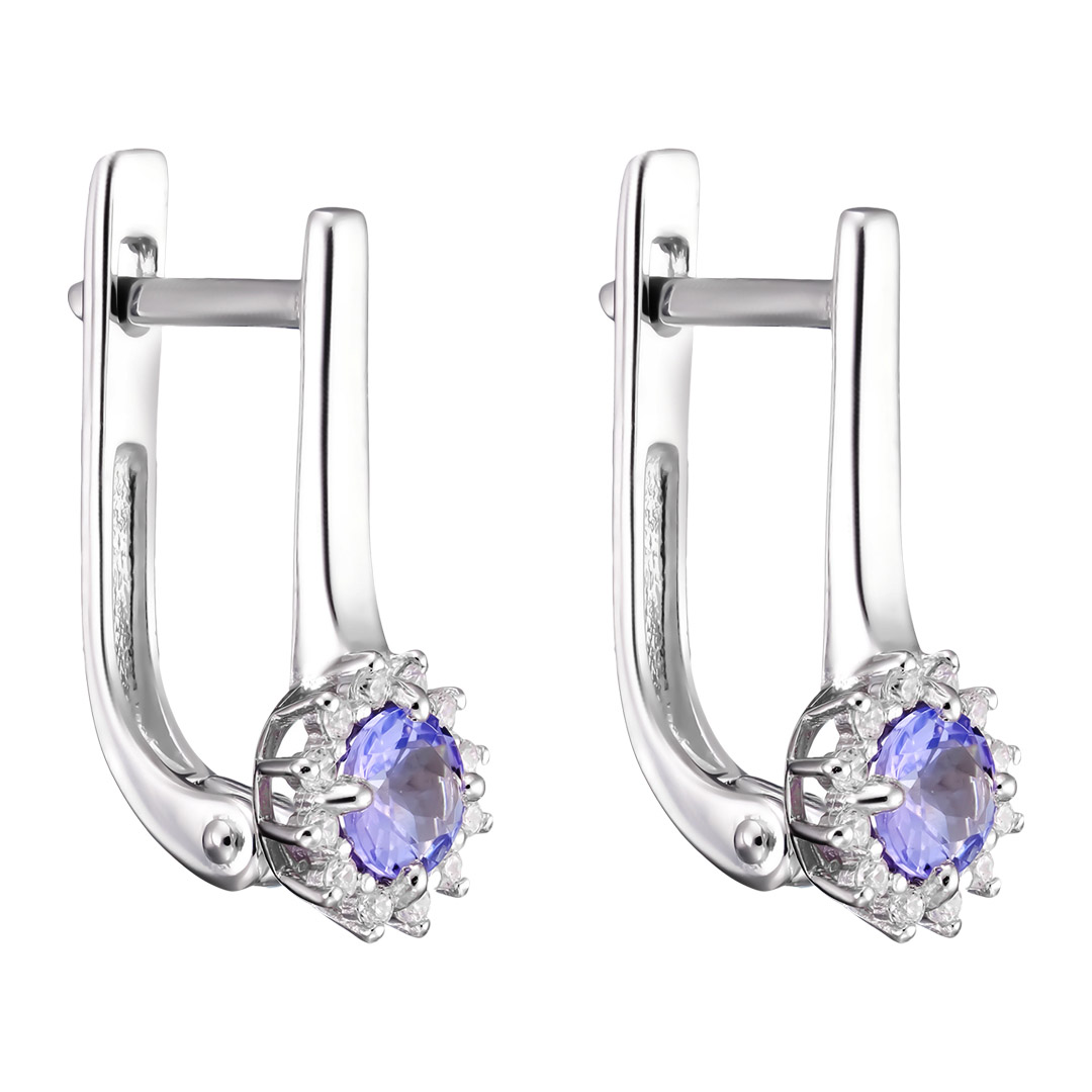 Серебряные серьги 925 пробы; вставки 2 Танзанит; 24 Фианит бесцв.;