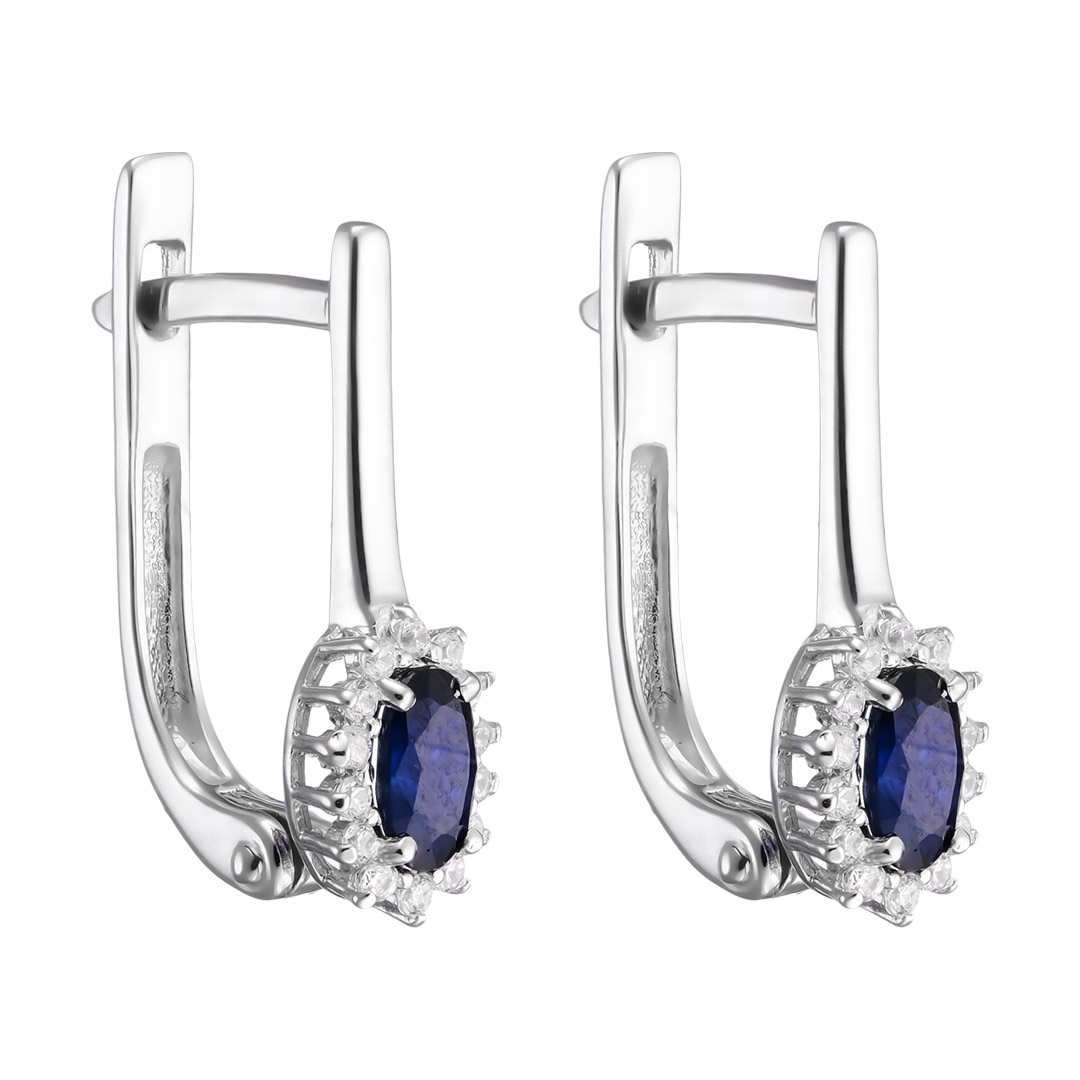 Серебряные серьги 925 пробы; вставки 2 Сапфир U/2 0,567; 28 Фианит бесцв.;