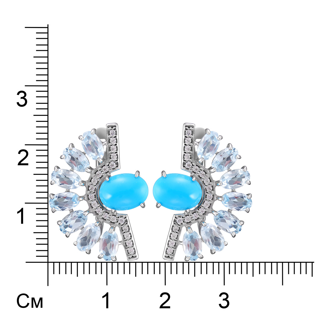 Серебряные серьги 925 пробы; вставки 2 Бирюза; 14 Топаз Sky; 38 Фианит бесцв.;