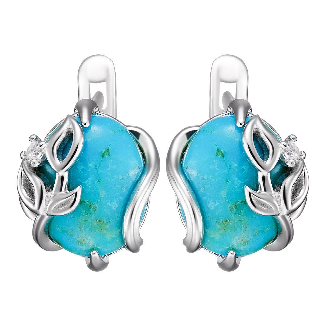 Серебряные серьги 925 пробы; вставки 2 Бирюза нат.; 2 Фианит бесцв.;