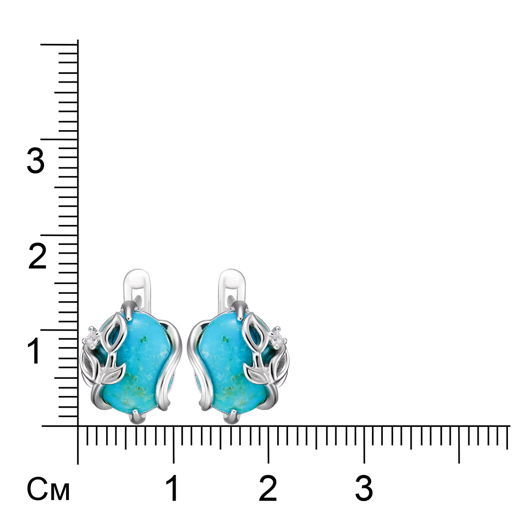 Серебряные серьги 925 пробы; вставки 2 Бирюза нат.; 2 Фианит бесцв.;