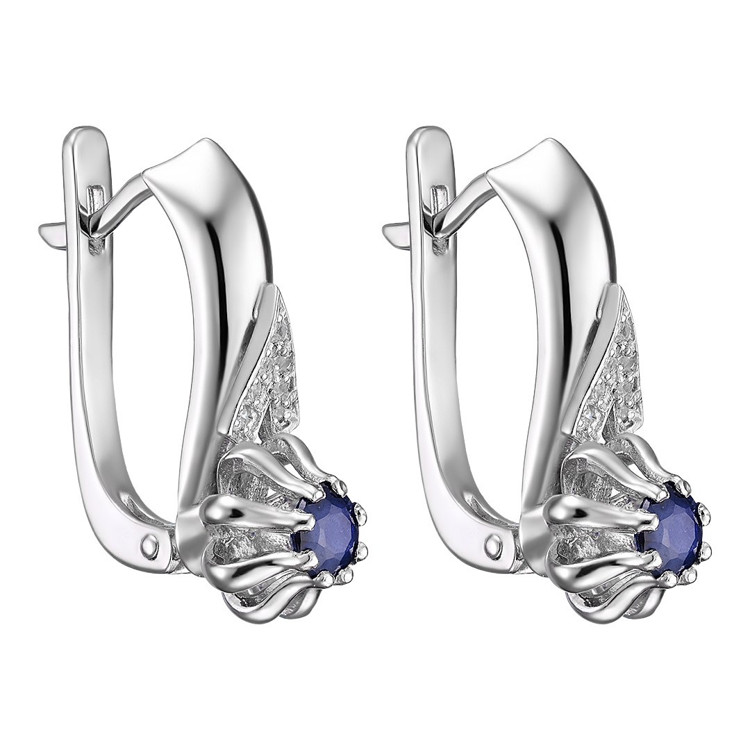Серебряные серьги 925 пробы; вставки 2 Сапфир U/2 0,714; 14 Фианит бесцв.;