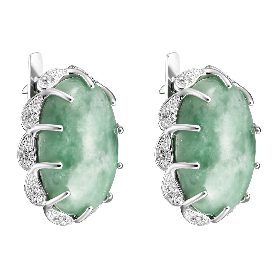 Серебряные серьги 925 пробы; вставки 2 Жадеит; 20 Фианит бесцв.;