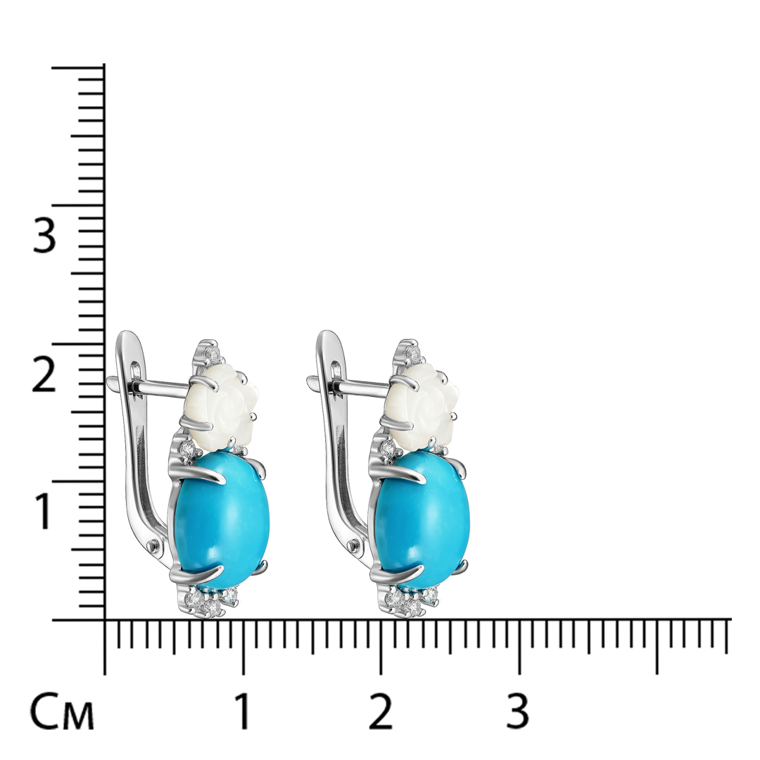 Серебряные серьги 925 пробы; вставки 2 Бирюза; 2 Перламутр белый; 12 Фианит бесцв.;