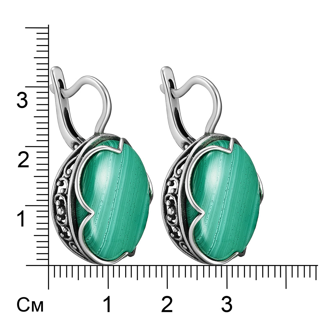 Серебряные серьги 925 пробы; оксидирование; вставки 2 Малахит нат.;