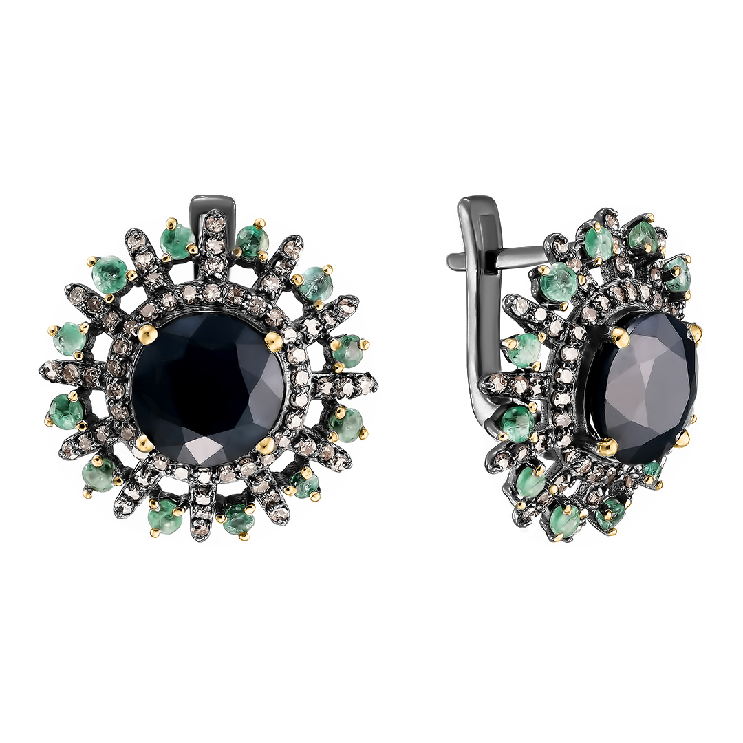 Серебряные серьги 925 пробы; родий черный; вставки 2 Сапфир 6,72 ct U/2; 24 Изумруд 0,87 ct 3/3; 124
