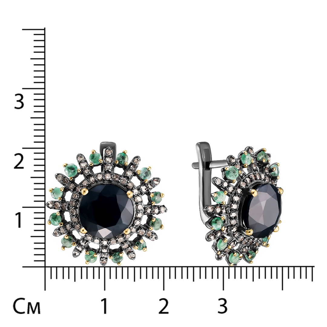 Серебряные серьги 925 пробы; родий черный; вставки 2 Сапфир 6,72 ct U/2; 24 Изумруд 0,87 ct 3/3; 124