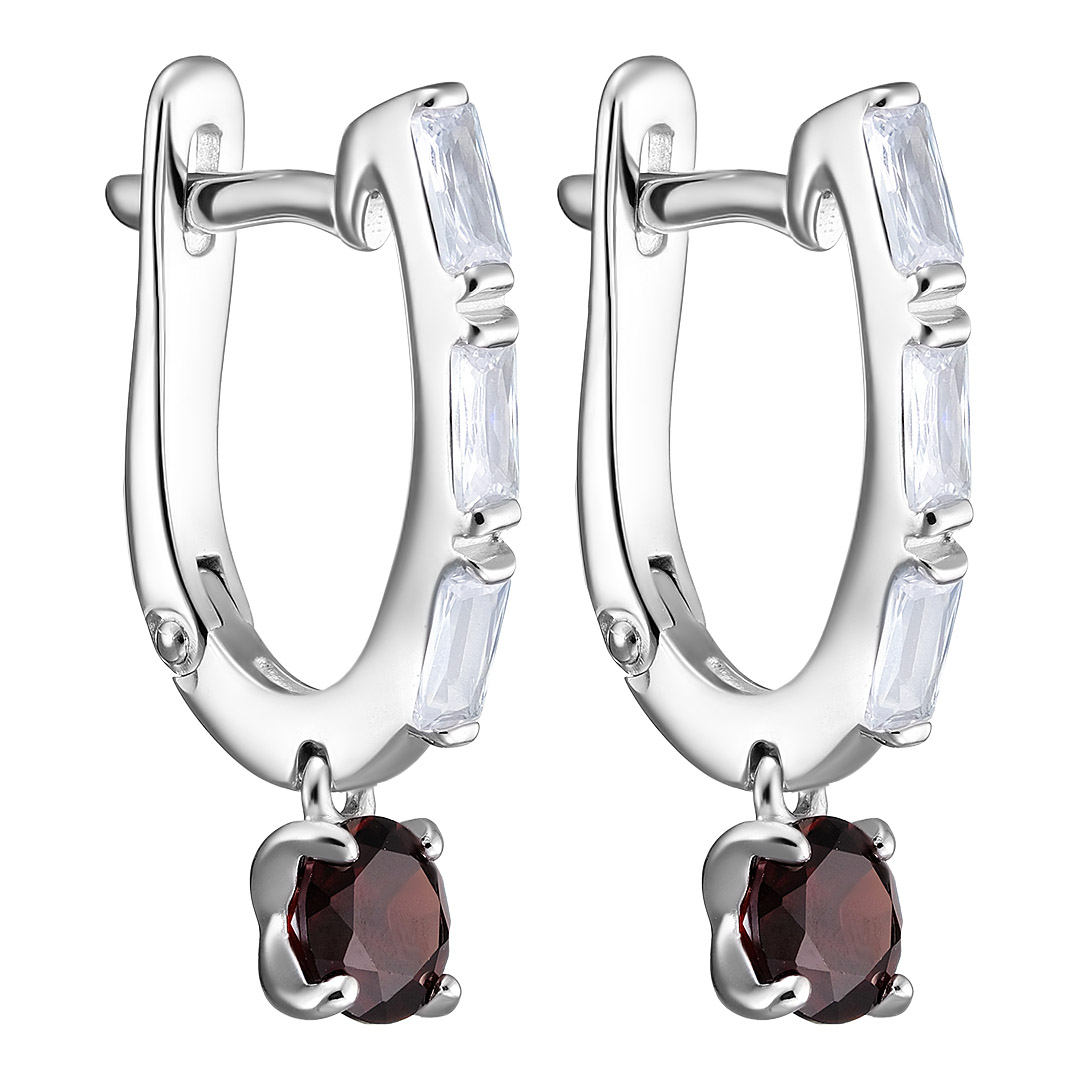 Серебряные серьги 925 пробы; вставки 2 Гранат; 6 Фианит бесцв.;