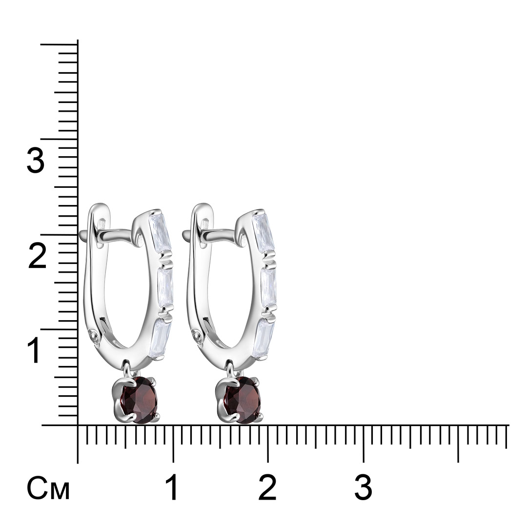 Серебряные серьги 925 пробы; вставки 2 Гранат; 6 Фианит бесцв.;