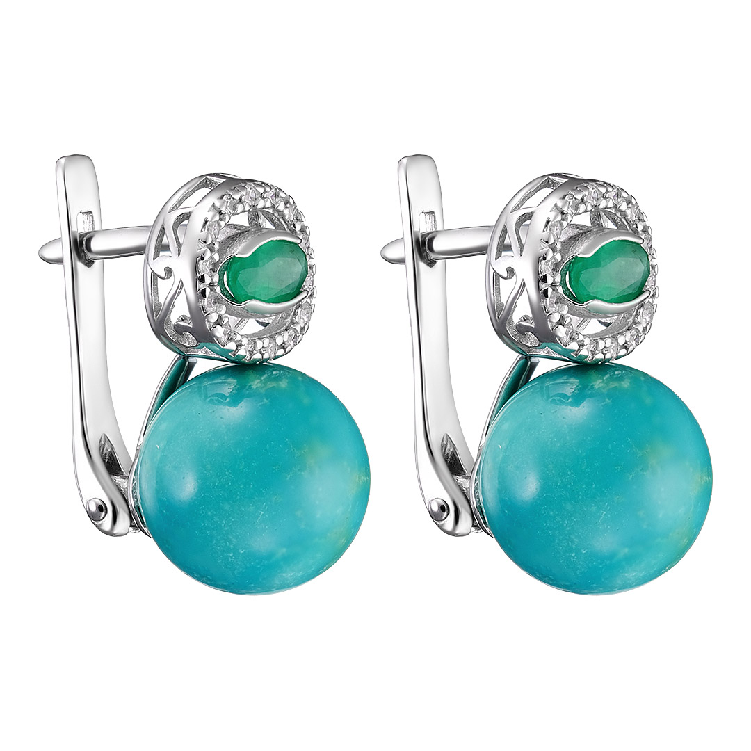 Серебряные серьги 925 пробы; вставки 2 Бирюза; 2 Изумруд 0,418 3/Г3; 28 Фианит бесцв.;