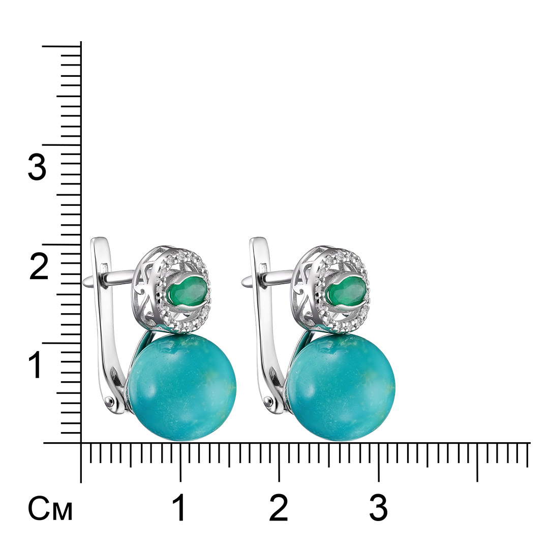 Серебряные серьги 925 пробы; вставки 2 Бирюза; 2 Изумруд 0,418 3/Г3; 28 Фианит бесцв.;