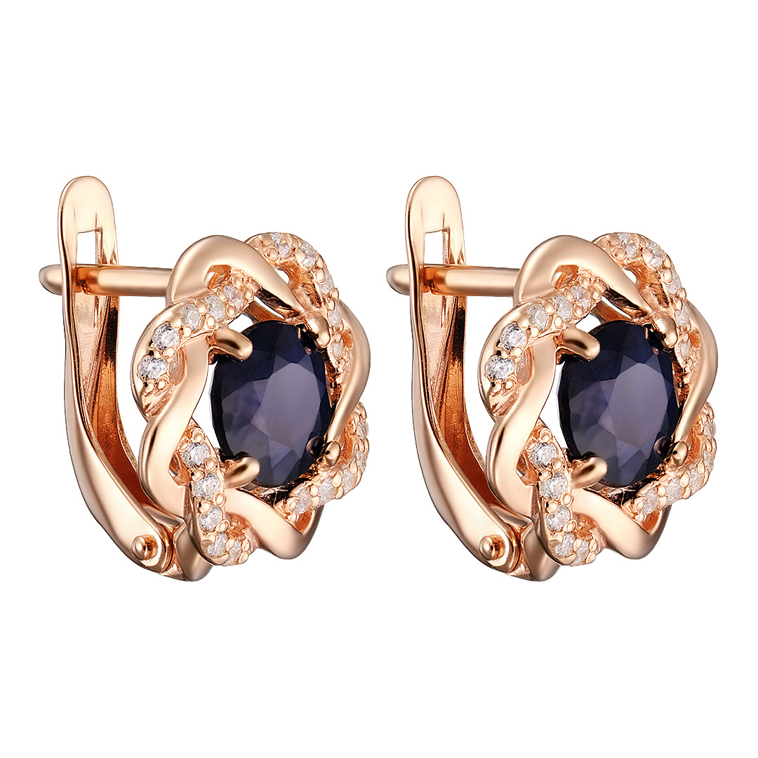 Серебряные серьги 925 пробы; вставки 2 Сапфир U/2 2,238; 40 Фианит бесцв.;