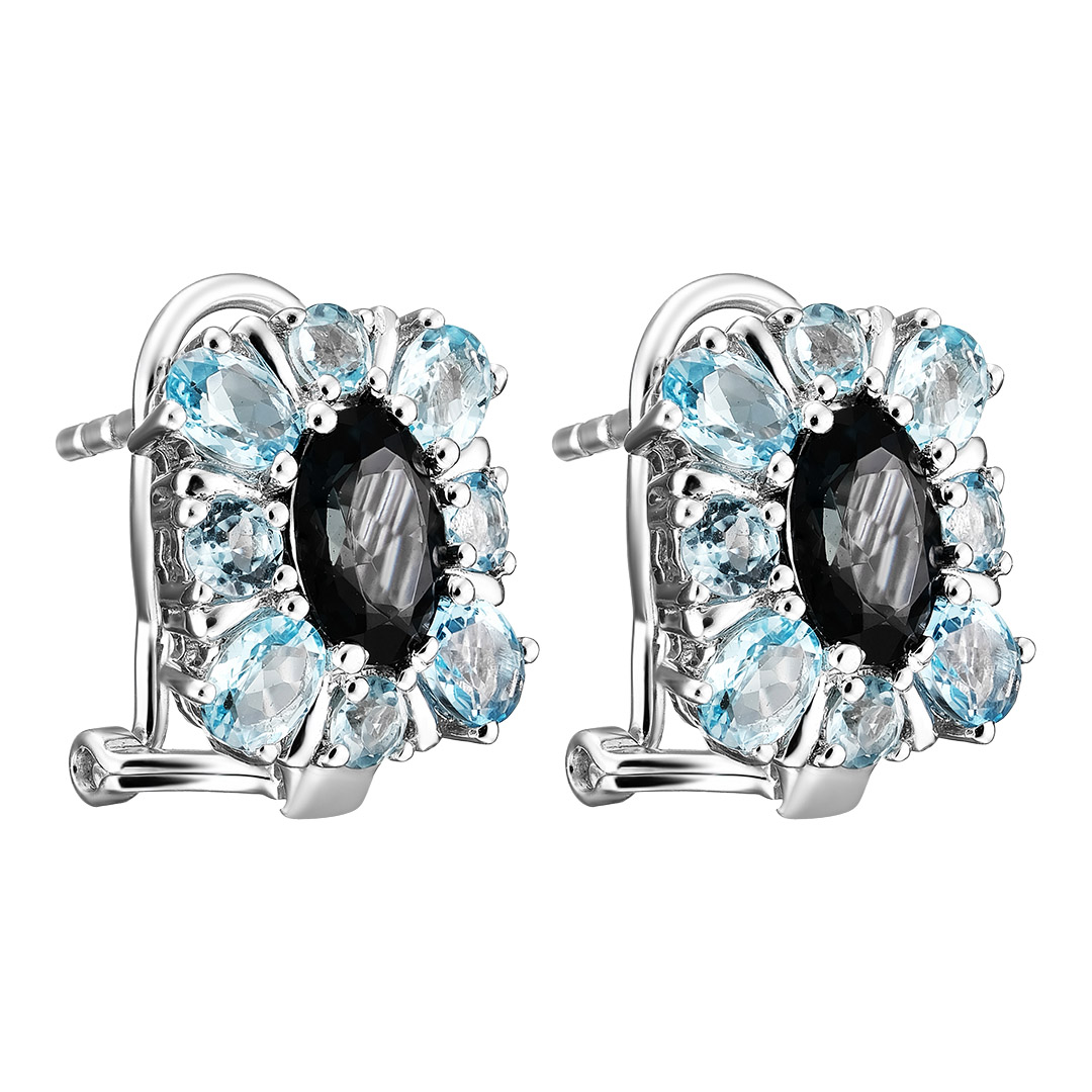 Серебряные серьги 925 пробы; вставки 2 Топаз Лондон 1,8 ct; 16 Топаз swiss 2,13 ct;