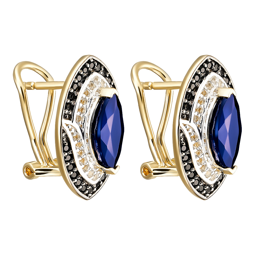 Серебряные серьги 925 пробы; родий (бел., черн.); вставки 2 Сапфир U/2 2,8ct; 44 Шпинель черн. 0,44c