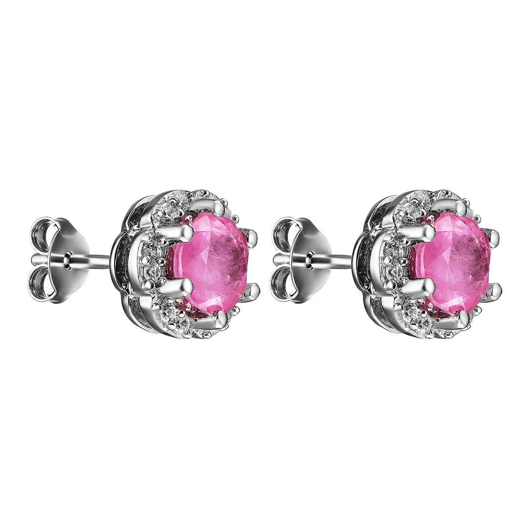 Серебряные серьги-пусеты 925 пробы; вставки 2 Сапфир розовый 2,2 ct; 24 Циркон бесцв. 0,29 ct;