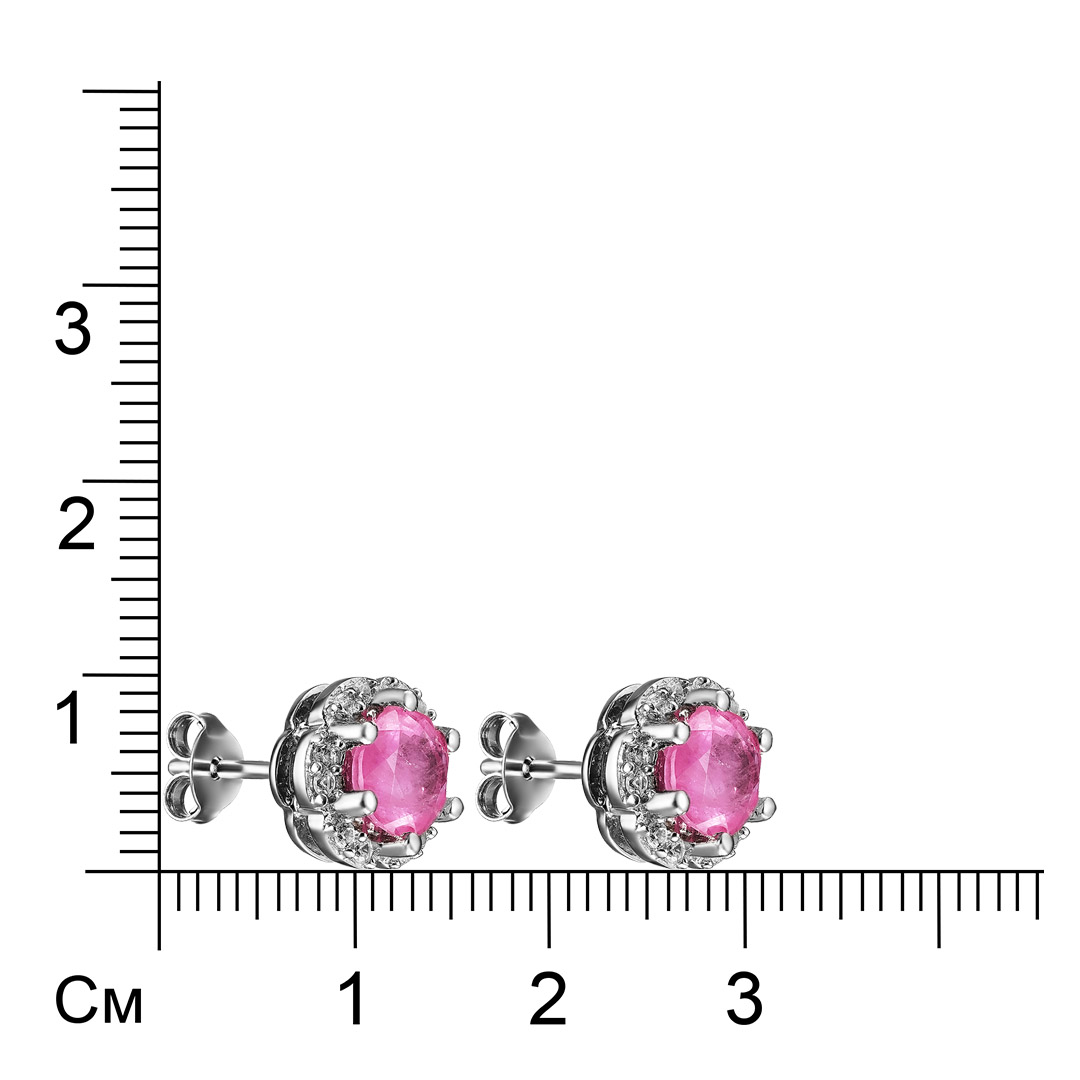 Серебряные серьги-пусеты 925 пробы; вставки 2 Сапфир розовый 2,2 ct; 24 Циркон бесцв. 0,29 ct;