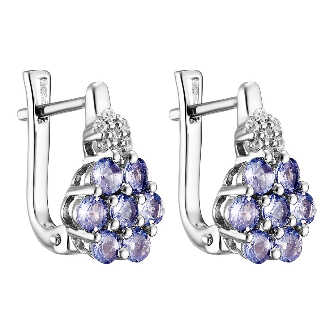 Серебряные серьги 925 пробы; вставки 14 Танзанит 1,61 ct; 14 Циркон бесцв. 0,17 ct;