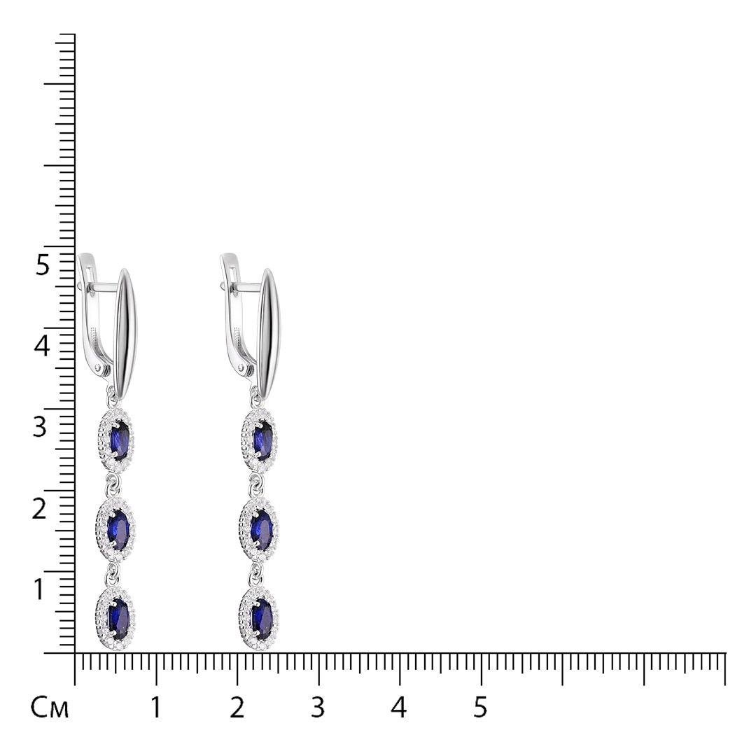 Серебряные серьги 925 пробы; вставки 6 Сапфир F/2 2,14; 72 Фианит бесцв.;