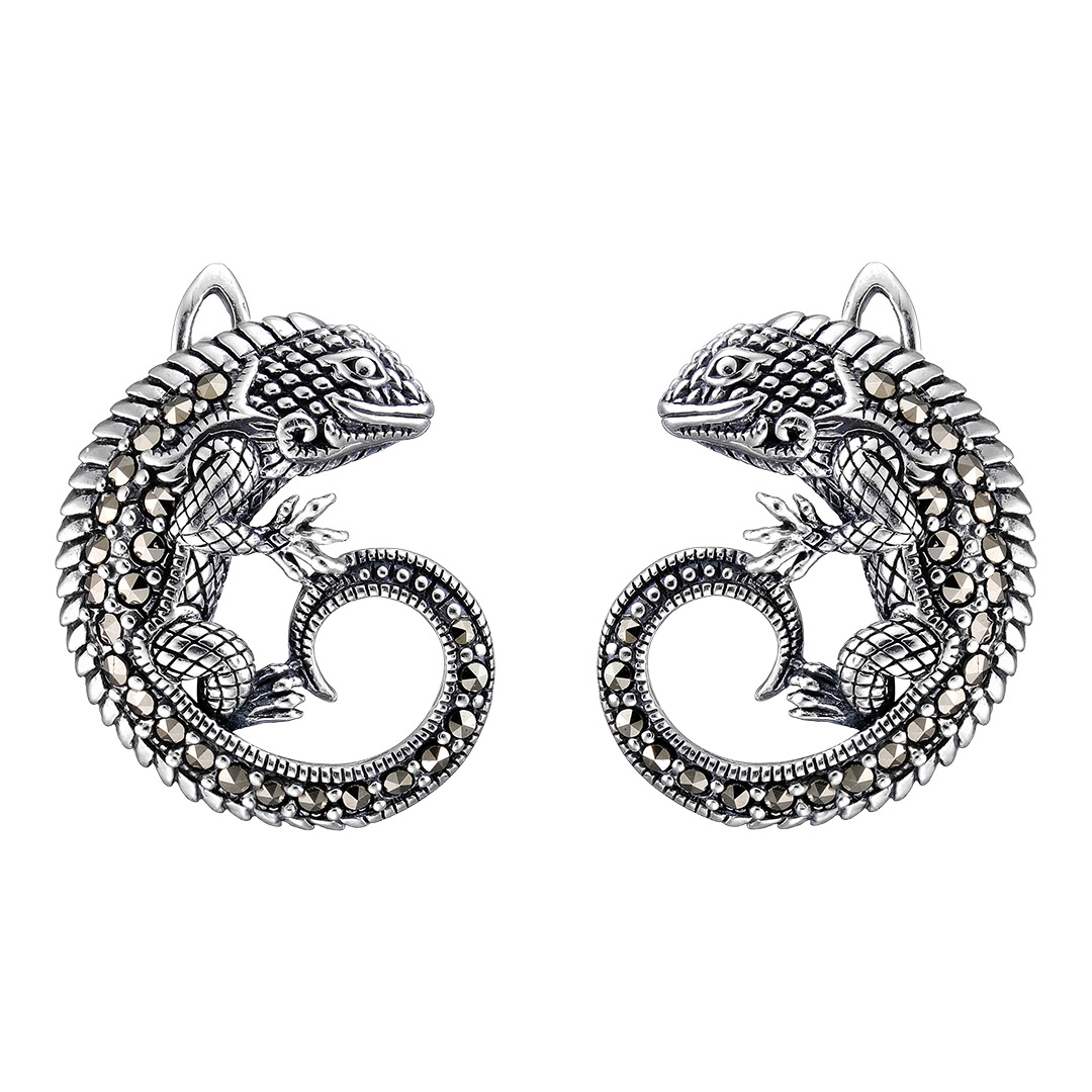Серебряные серьги 925 пробы; оксидирование; вставки Россыпь Марказит;