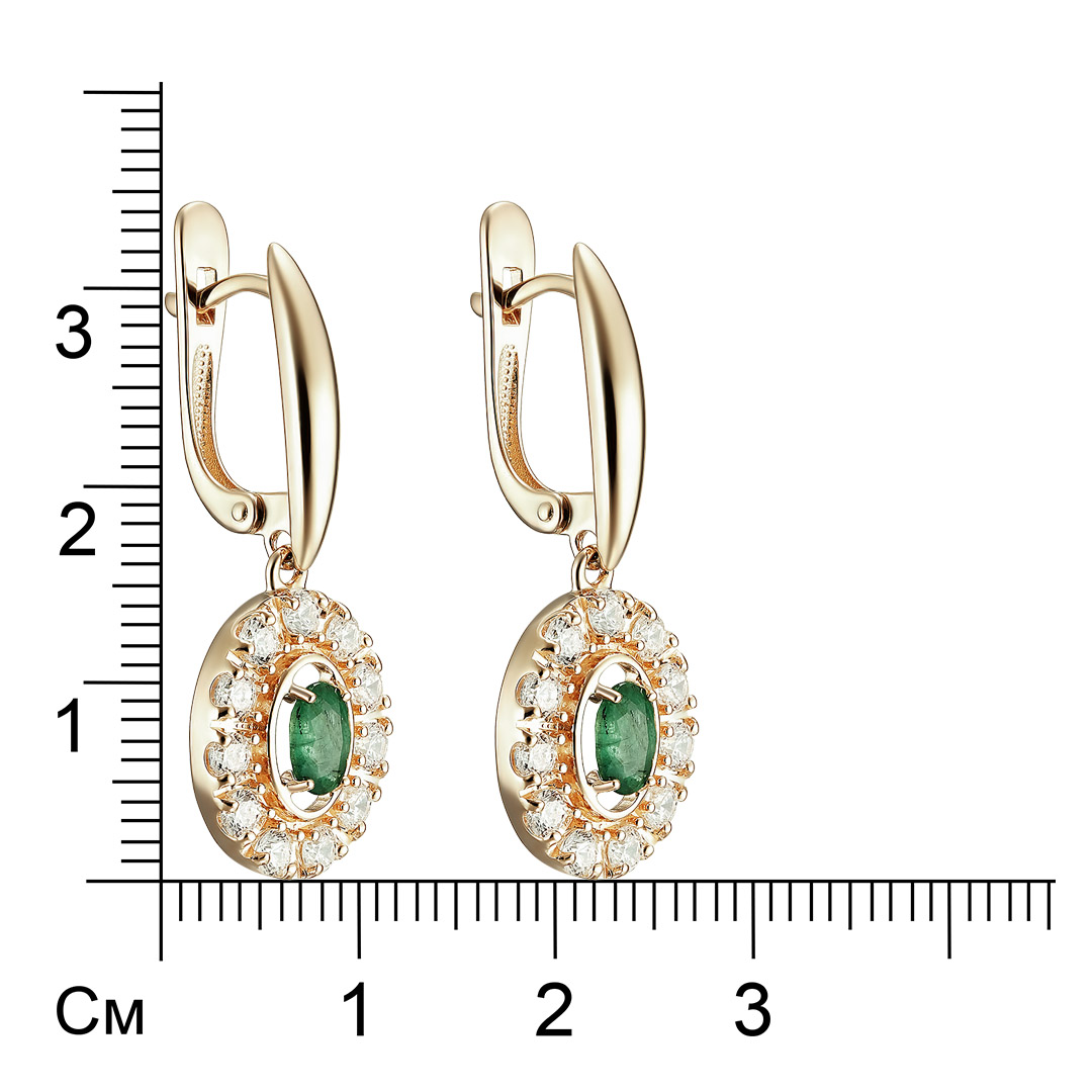 Серебряные серьги 925 пробы; вставки 2 Изумруд нат. (О) 5/Г3 0,785; 22 Фианит бесцв.;