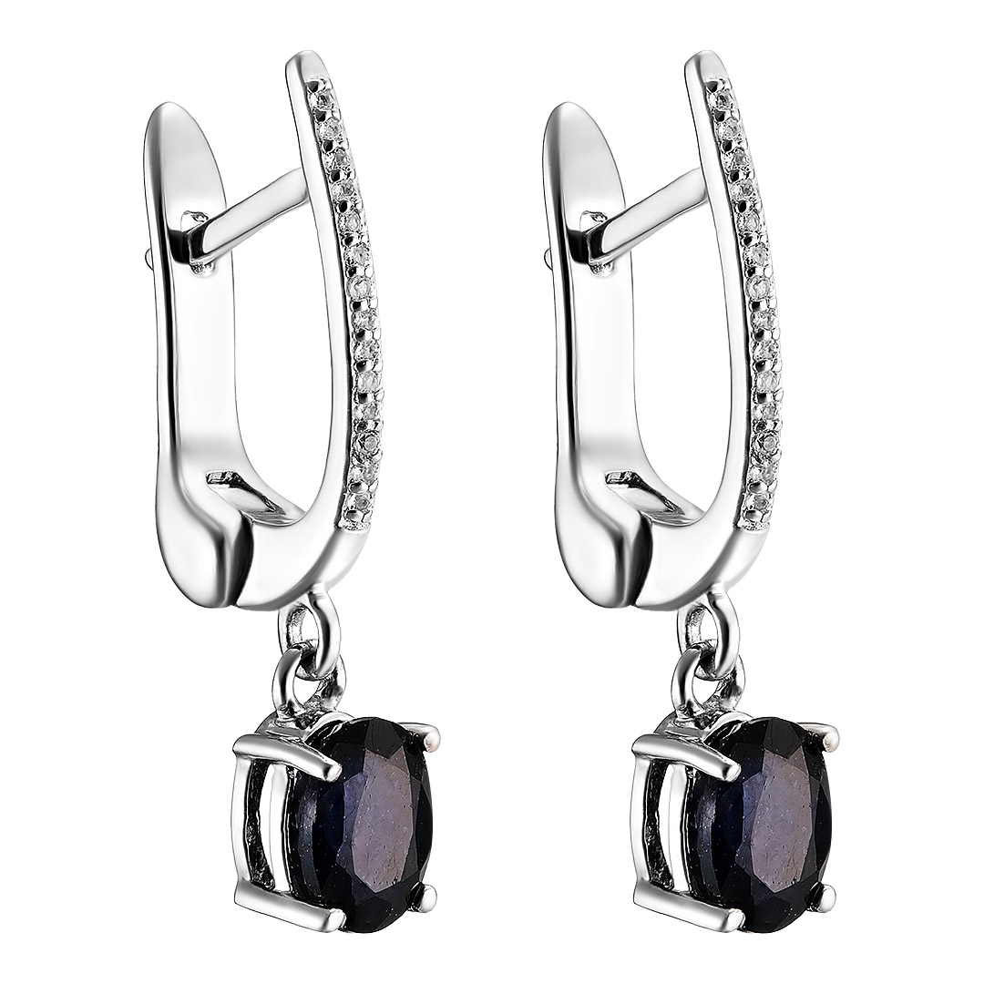Серебряные серьги 925 пробы; вставки 2 Сапфир U/2 2 ct; 28 Топаз белый 0,11 ct;