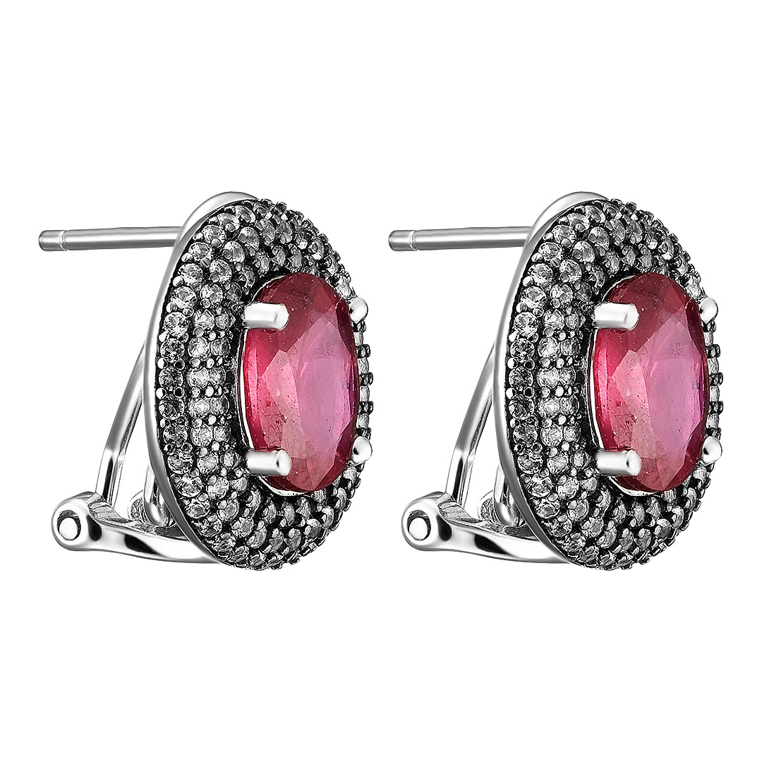 Серебряные серьги 925 пробы; родий (бел., черн.); вставки 2 Рубин F/2 5,014 ct; 192 Топаз белый 0,19