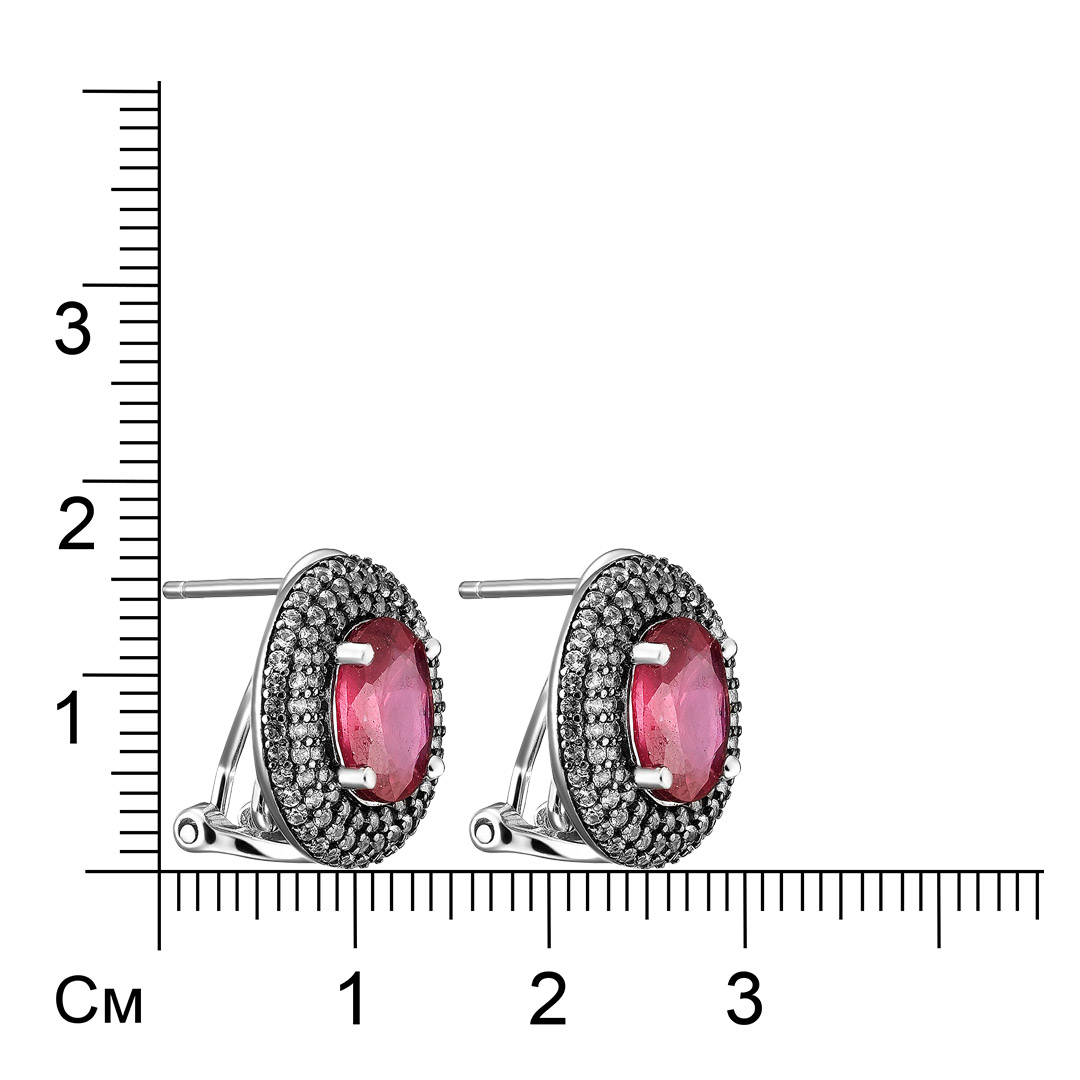 Серебряные серьги 925 пробы; родий (бел., черн.); вставки 2 Рубин F/2 5,014 ct; 192 Топаз белый 0,19
