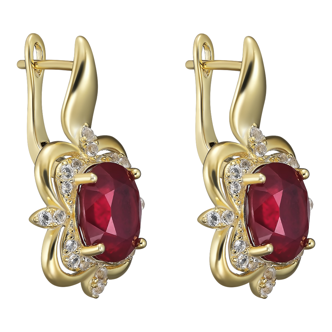 Серебряные серьги 925 пробы; вставки 2 Рубин F/2 7,53 ct; 40 Топаз белый 0,126 ct;