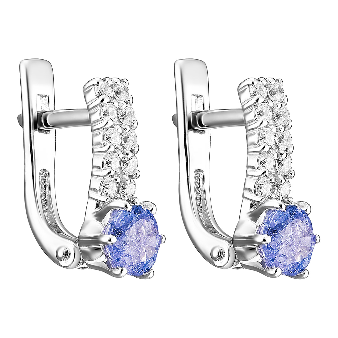 Серебряные серьги 925 пробы; вставки 2 Танзанит; 20 Фианит бесцв.;
