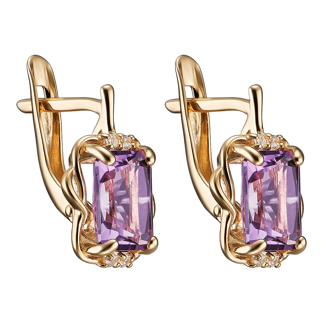 Серебряные серьги 925 пробы; вставки 2 Аметист; 8 Фианит бесцв.;