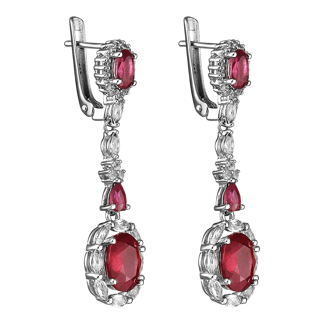 Серебряные серьги 925 пробы; вставки 6 Рубин F/2 6,83 ct; 62 Топаз белый;
