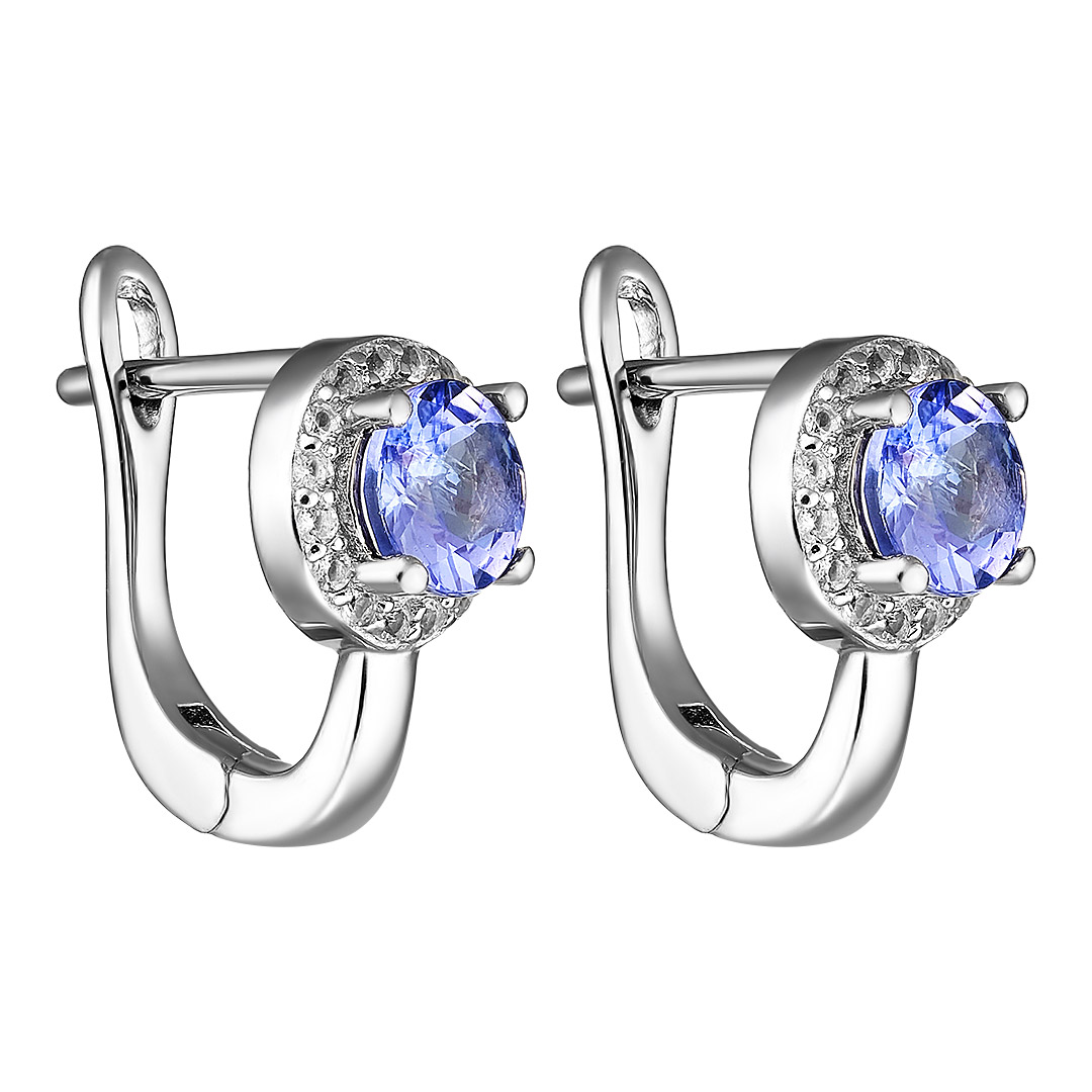 Серебряные серьги 925 пробы; вставки 2 Танзанит 1,039 ct; 32 Топаз белый;
