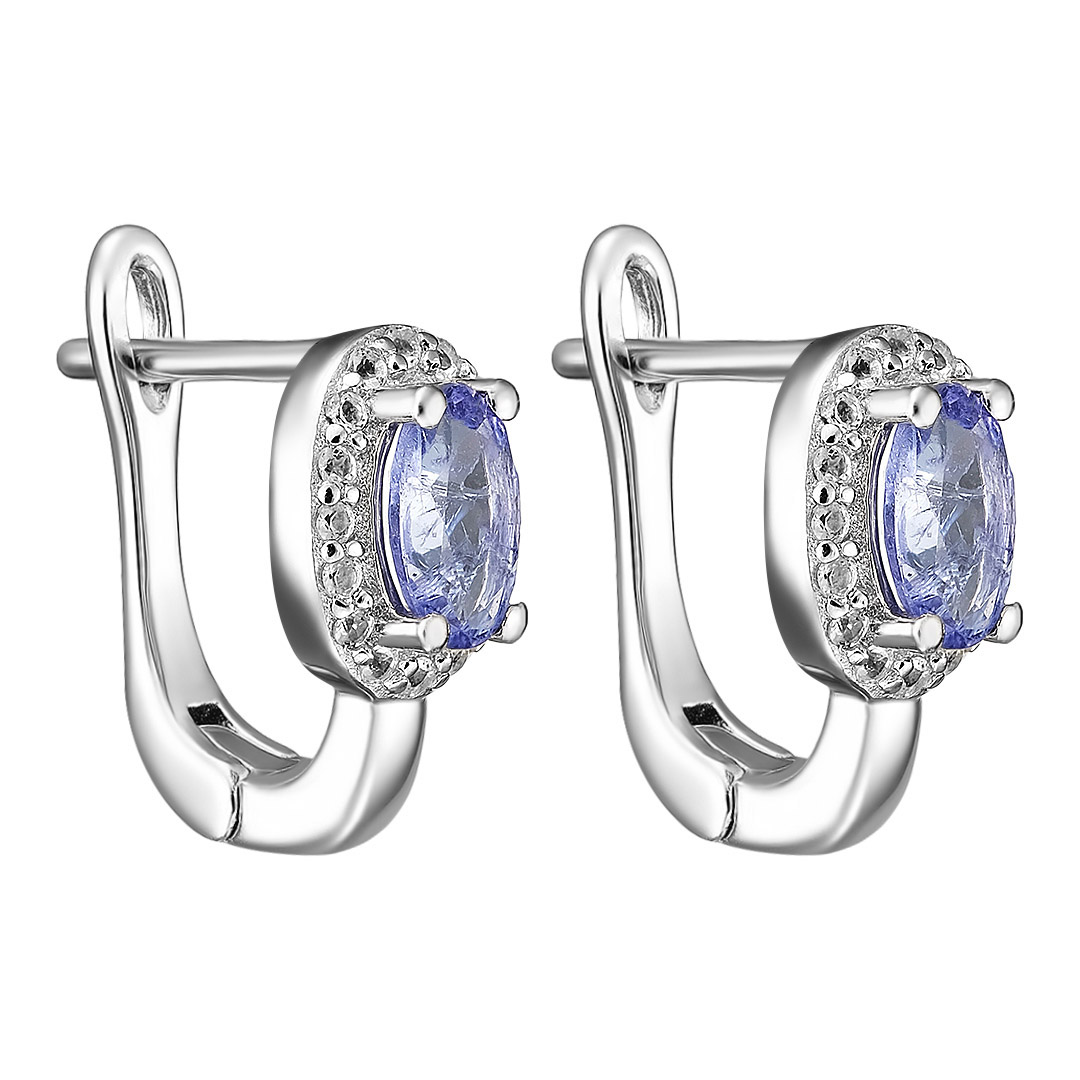 Серебряные серьги 925 пробы; вставки 2 Танзанит 0,932 ct; 32 Топаз белый;