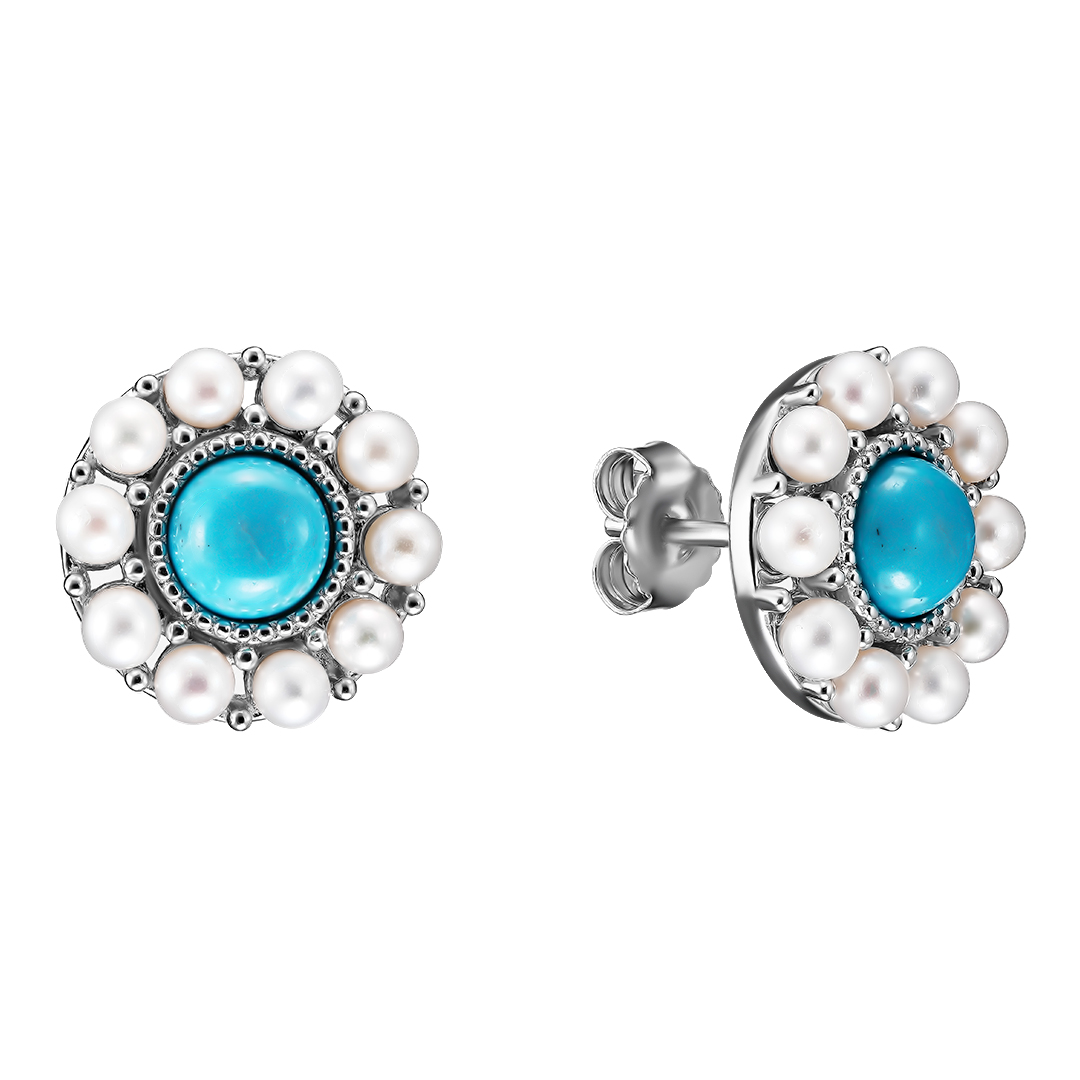 Серебряные серьги-пусеты 925 пробы; вставки 2 Бирюза 1,723 ct; 20 Жемчуг культ. белый;