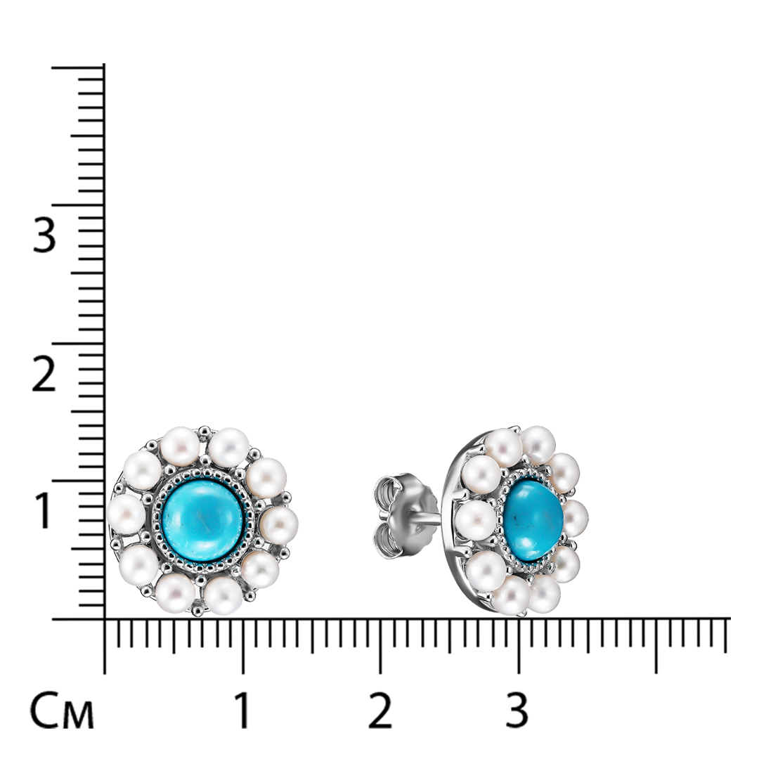 Серебряные серьги-пусеты 925 пробы; вставки 2 Бирюза 1,723 ct; 20 Жемчуг культ. белый;
