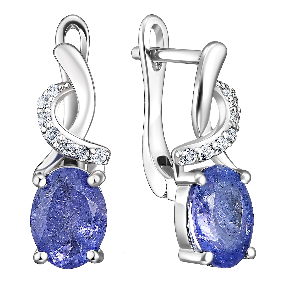Серебряные серьги 925 пробы; вставки 2 Танзанит 2,756 ct; 14 Топаз белый;