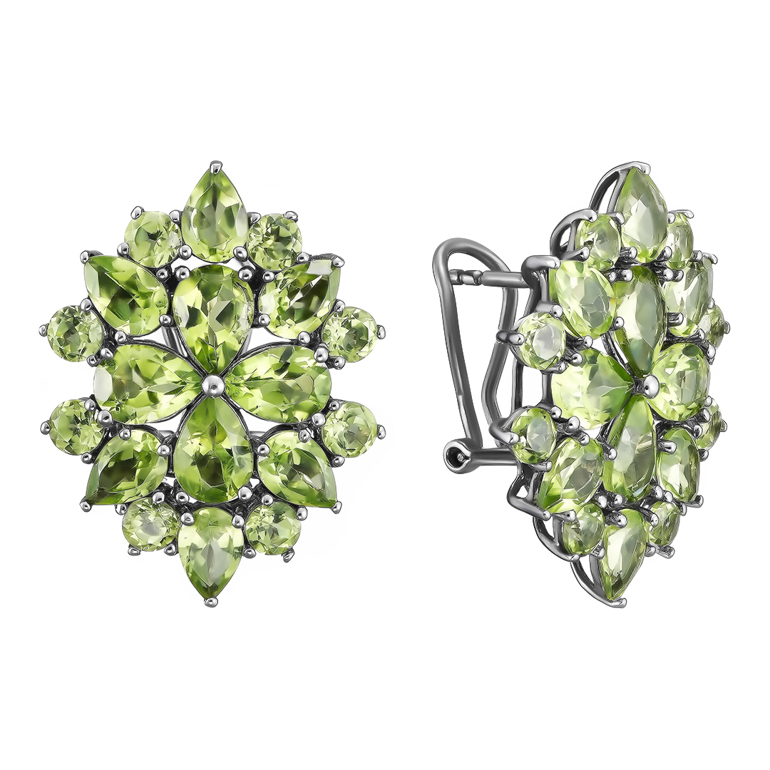 Серебряные серьги 925 пробы; родий черный; вставки 36 Перидот 13,36 ct;