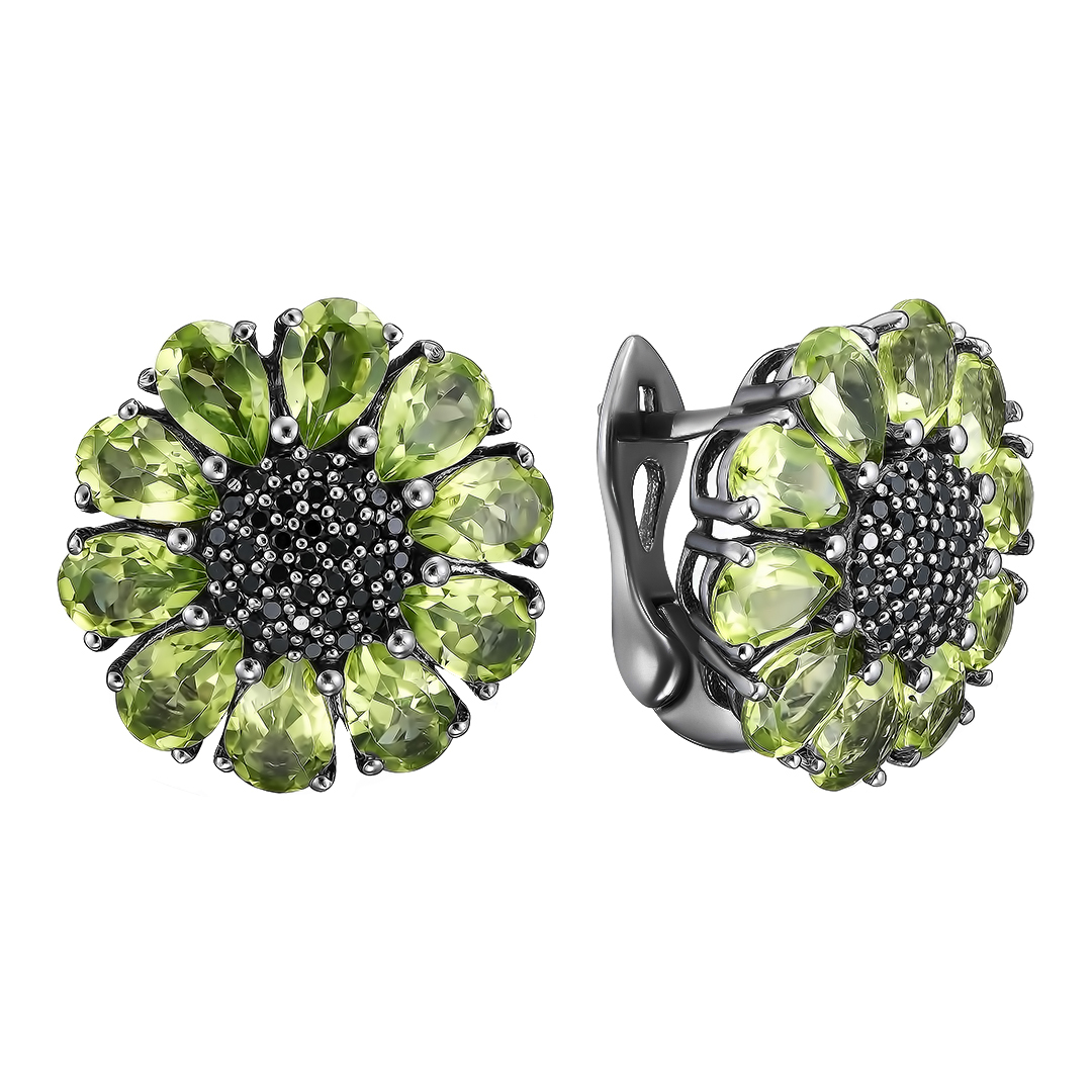 Серебряные серьги 925 пробы; родий черный; вставки 20 Перидот 8ct; 72 Шпинель черная 0,5ct;