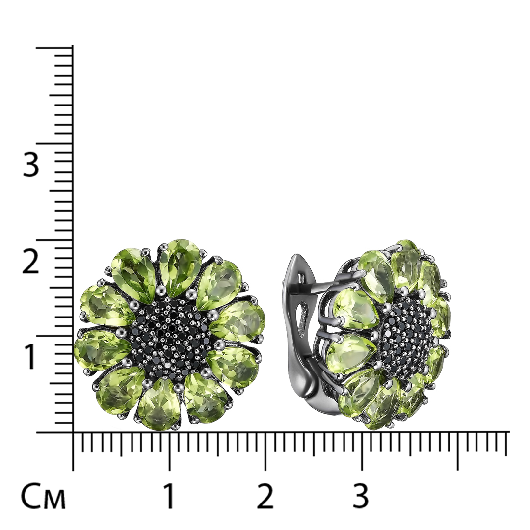 Серебряные серьги 925 пробы; родий черный; вставки 20 Перидот 8ct; 72 Шпинель черная 0,5ct;