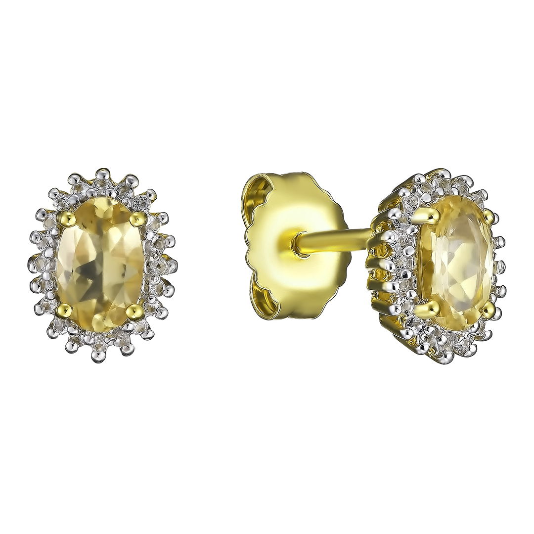Серебряные серьги-пусеты 925 пробы; вставки 2 Гелиодор 0,8 ct; 40 Топаз белый 0,1 ct;