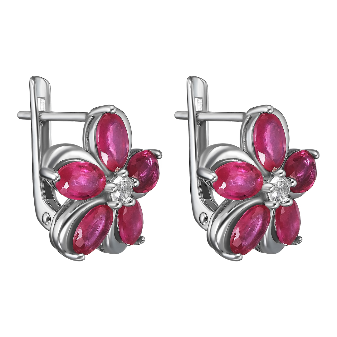 Серебряные серьги 925 пробы; вставки 10 Рубин F/2 6,73 ct; 2 Топаз белый;