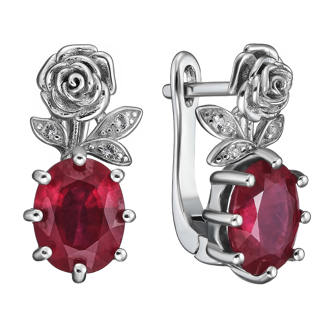 Серебряные серьги 925 пробы; вставки 2 Рубин F/2 5,163 ct; 6 Топаз белый;